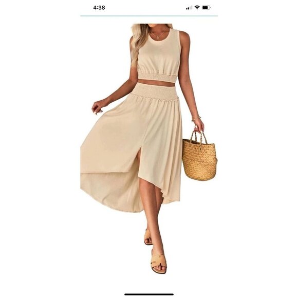 Luvamia Womens XL Beige Midi Asymmetrical Hem Skirt Smocked - Picture 3 of 12